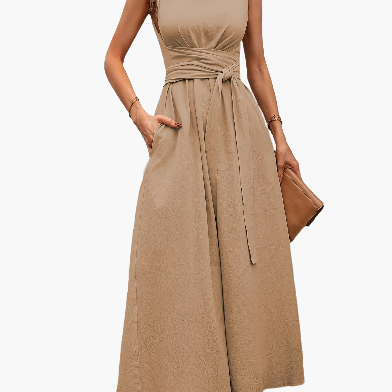 Women's Elegant Sleeveless Jumpsuit with Tie Belt and Wide Legs – Perfect for Summer and Leisure