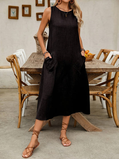 Damen Freizeitkleid ärmellos, lockerer Schnitt, Sommerkleid mit Taschen, Tunika-Stil, ideal für Alltag & Urlaub