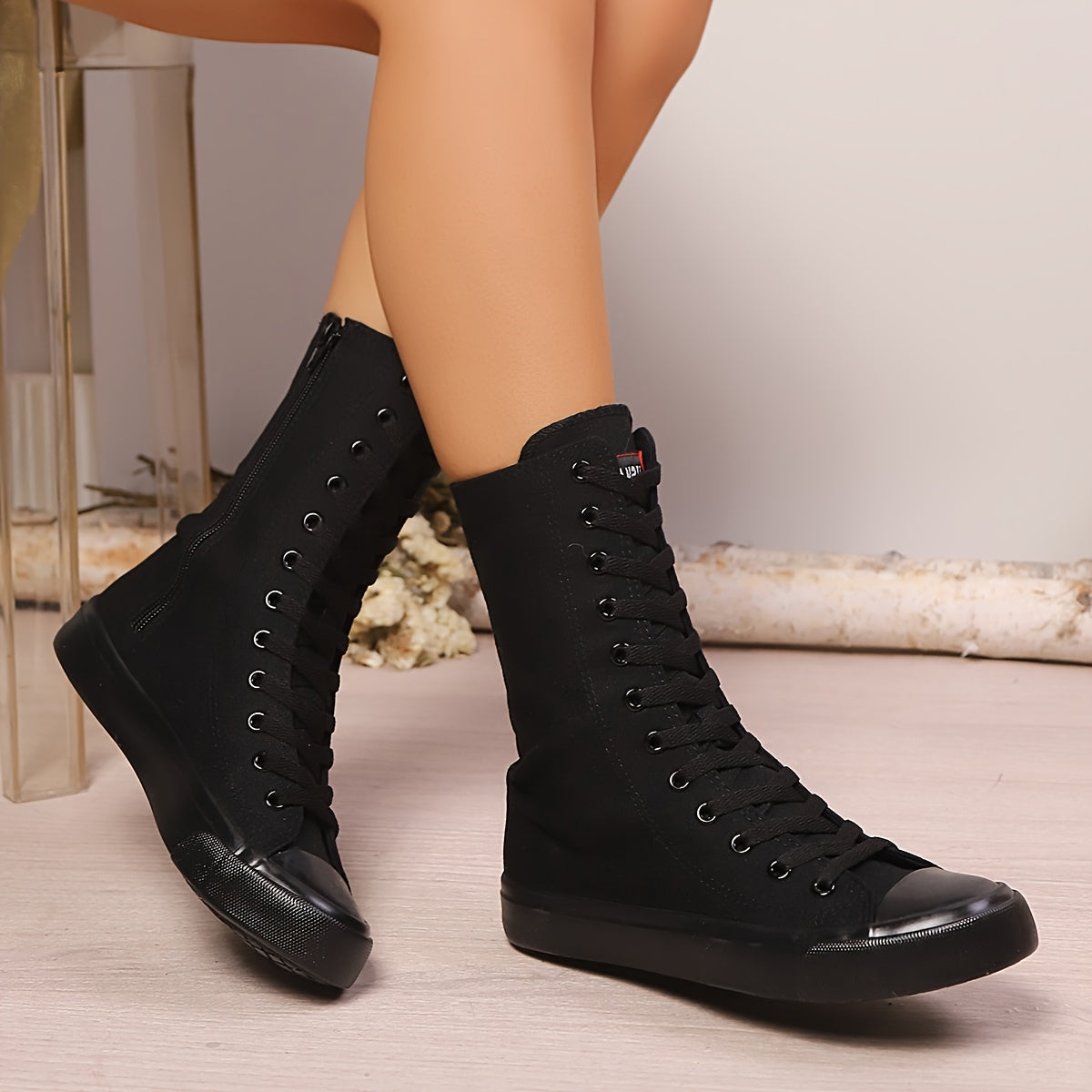 High-top canvas sneaker boots with laces and a zipper for women