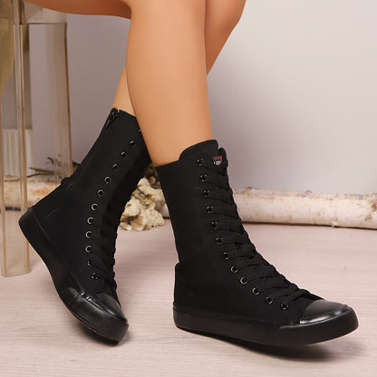 High-top canvas sneaker boots with laces and a zipper for women