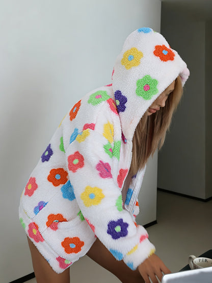 Hooded teddy jacket with colorful floral patterns and a zipper