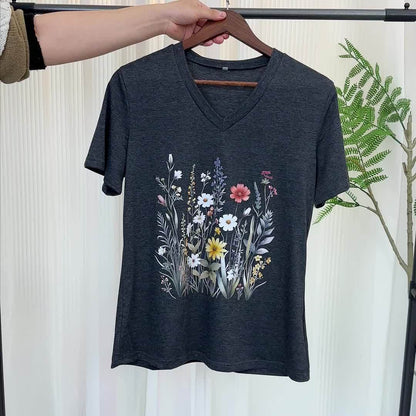 Damen V-Ausschnitt T-Shirt mit Blumenmuster – Lässiger Sommerstyle für Alltag & Freizeit