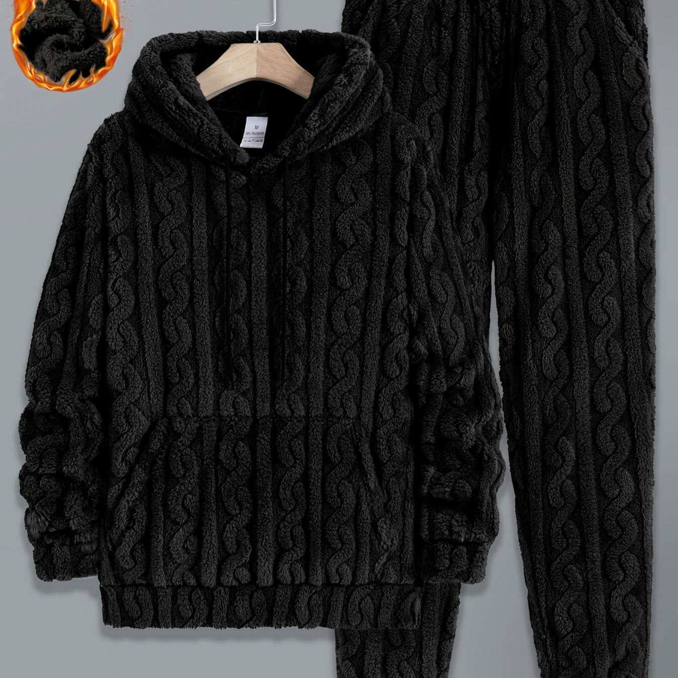 Men's cozy cable-knit tracksuit with hoodie and pants, soft & warm
