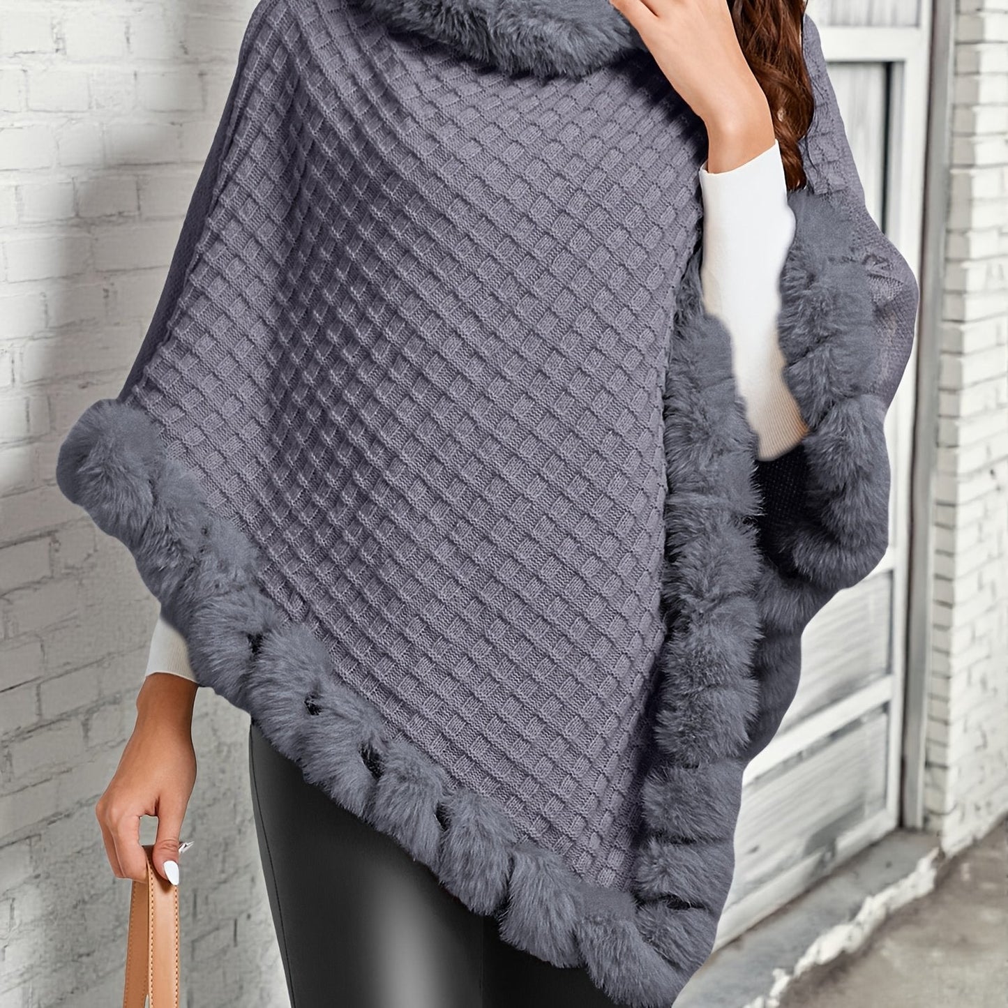 Damen Poncho gestrickt mit Kunstfellbesatz Wickelponcho
