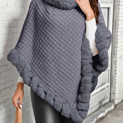 Damen Poncho gestrickt mit Kunstfellbesatz Wickelponcho