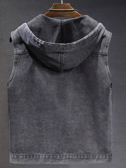 Men's denim vest with hood, sleeveless, with zipper and pockets