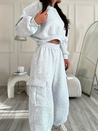 Damen Loungewear Set Grau Oversize Hoodie Cropped Jogginghose Cargotaschen
