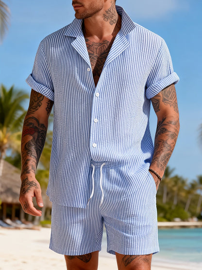 Herren Kurzarm Strand Outfit Set – Modernes Streifenmuster, Freizeit & Urlaub