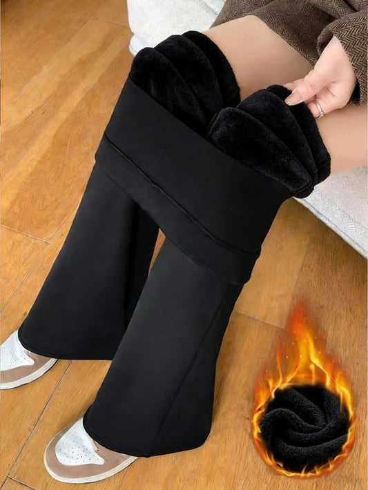 Women's flared leggings with thermal lining – Warm leggings with soft fleece inside, Black