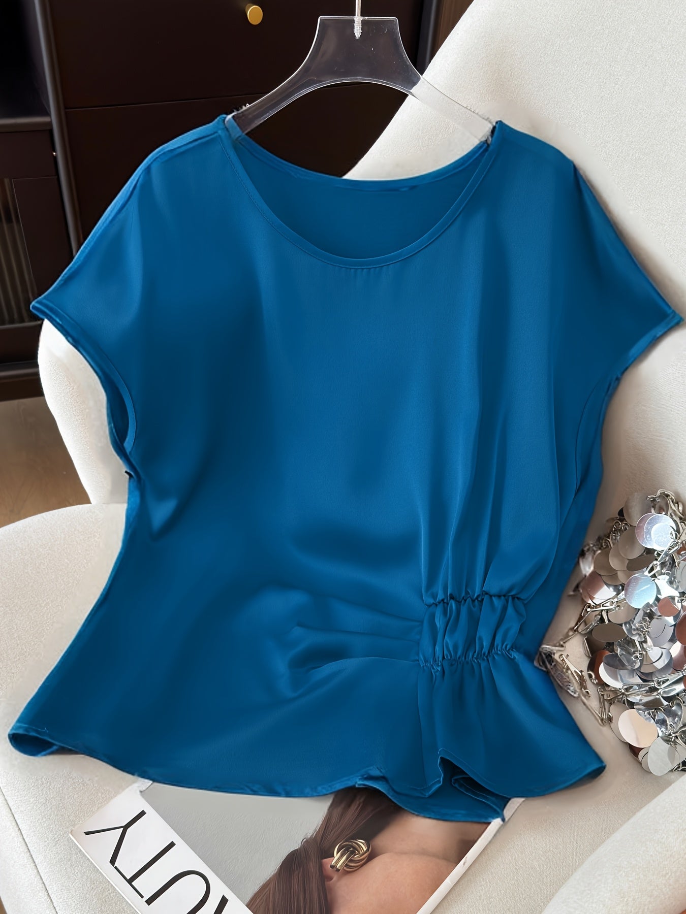 Women's blouse with ruching and round neckline – Elegant office and going-out style