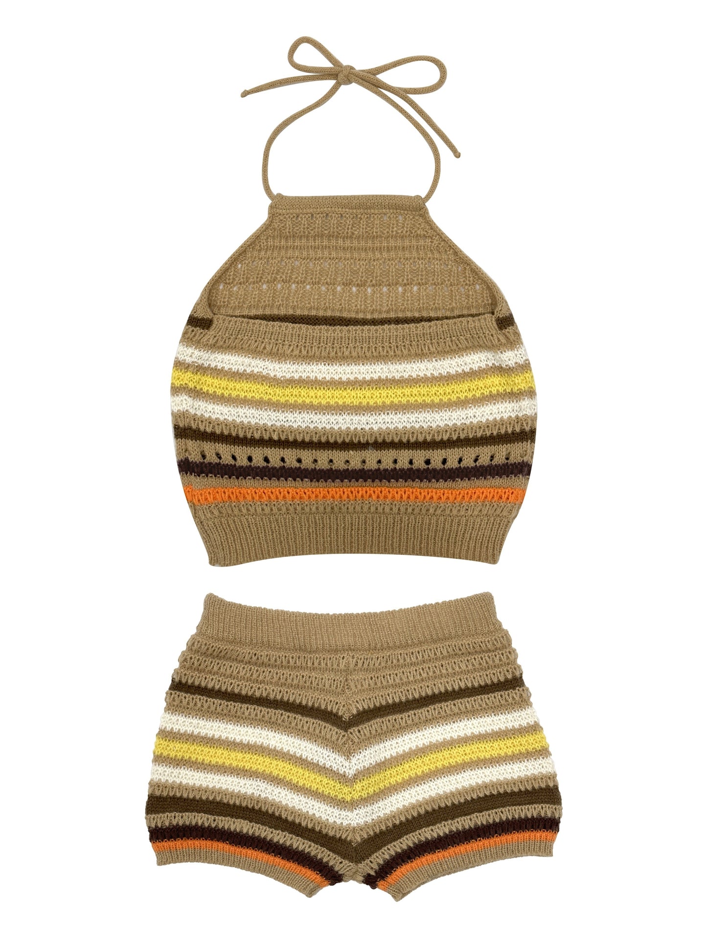 Damen Y2K Strick-Set mit Halterneck-Top und Shorts – Bunte Streifen, Sommer Freizeit Outfit