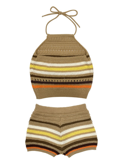 Damen Y2K Strick-Set mit Halterneck-Top und Shorts – Bunte Streifen, Sommer Freizeit Outfit