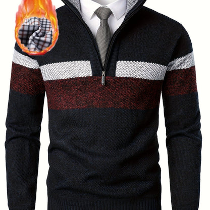 Men's knitted sweater with a stand-up collar and zipper, striped, softly lined inside