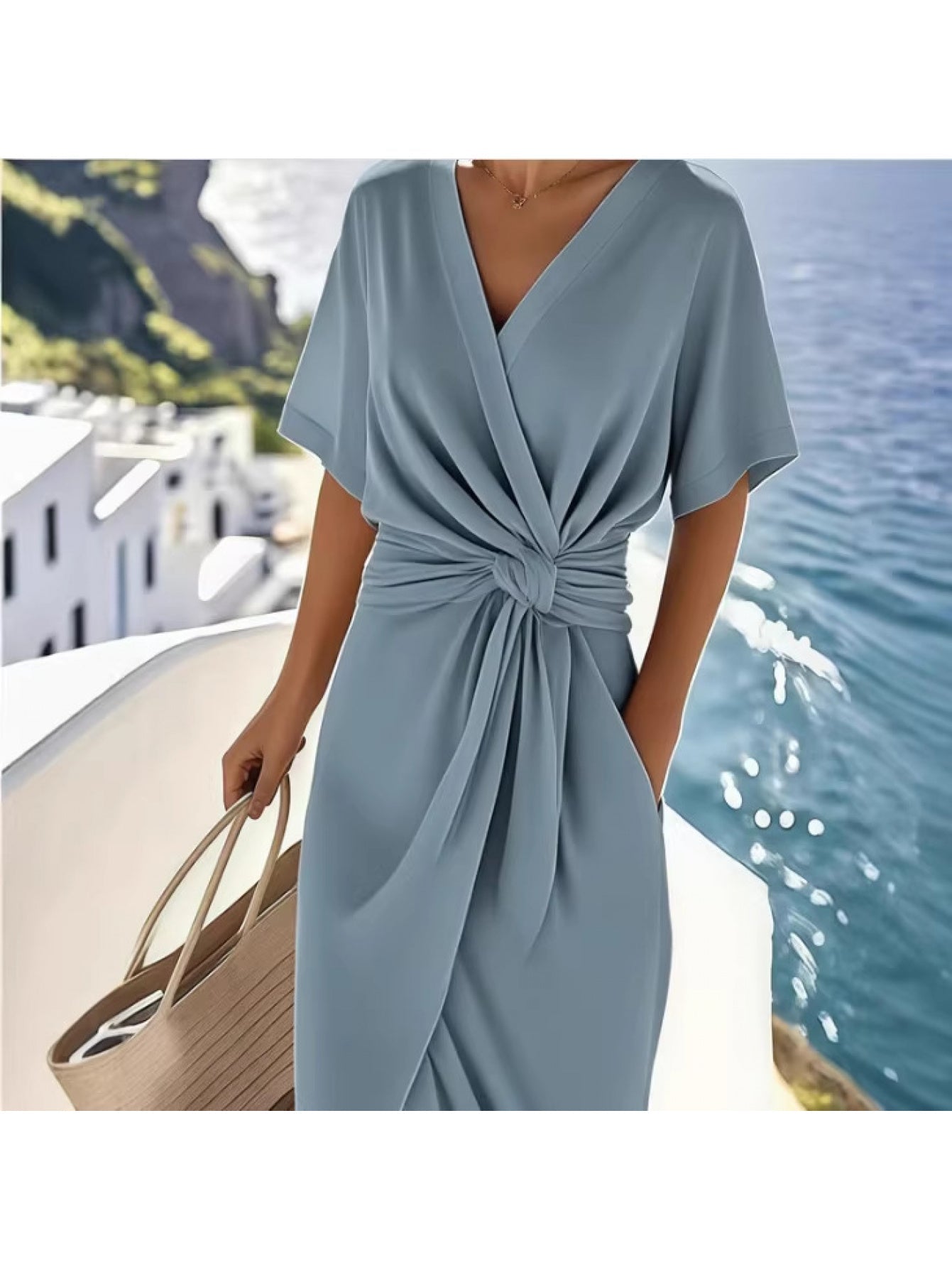Women's Summer Wrap Dress with Knot Detail and V-Neck – Elegant Vintage Beach Dress