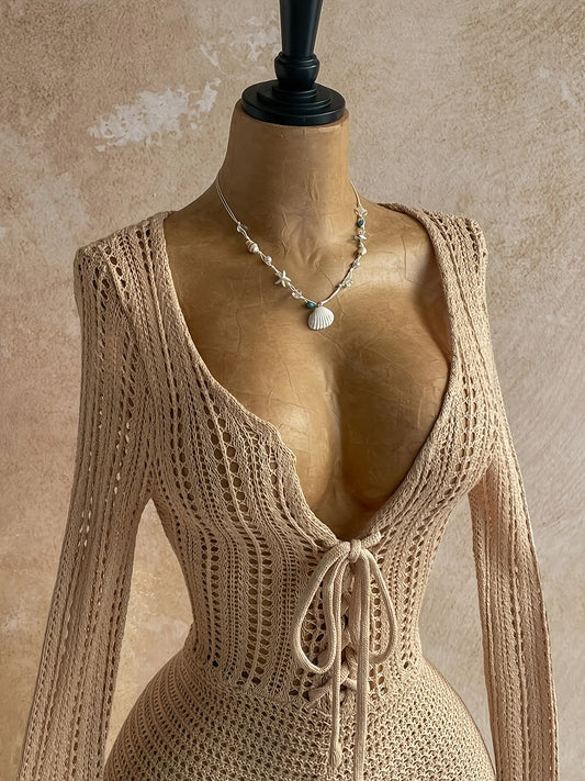 Women's Boho One-Piece with Crochet Pattern and Deep Neckline – Perfect for Beach, Vacation & Summer Parties