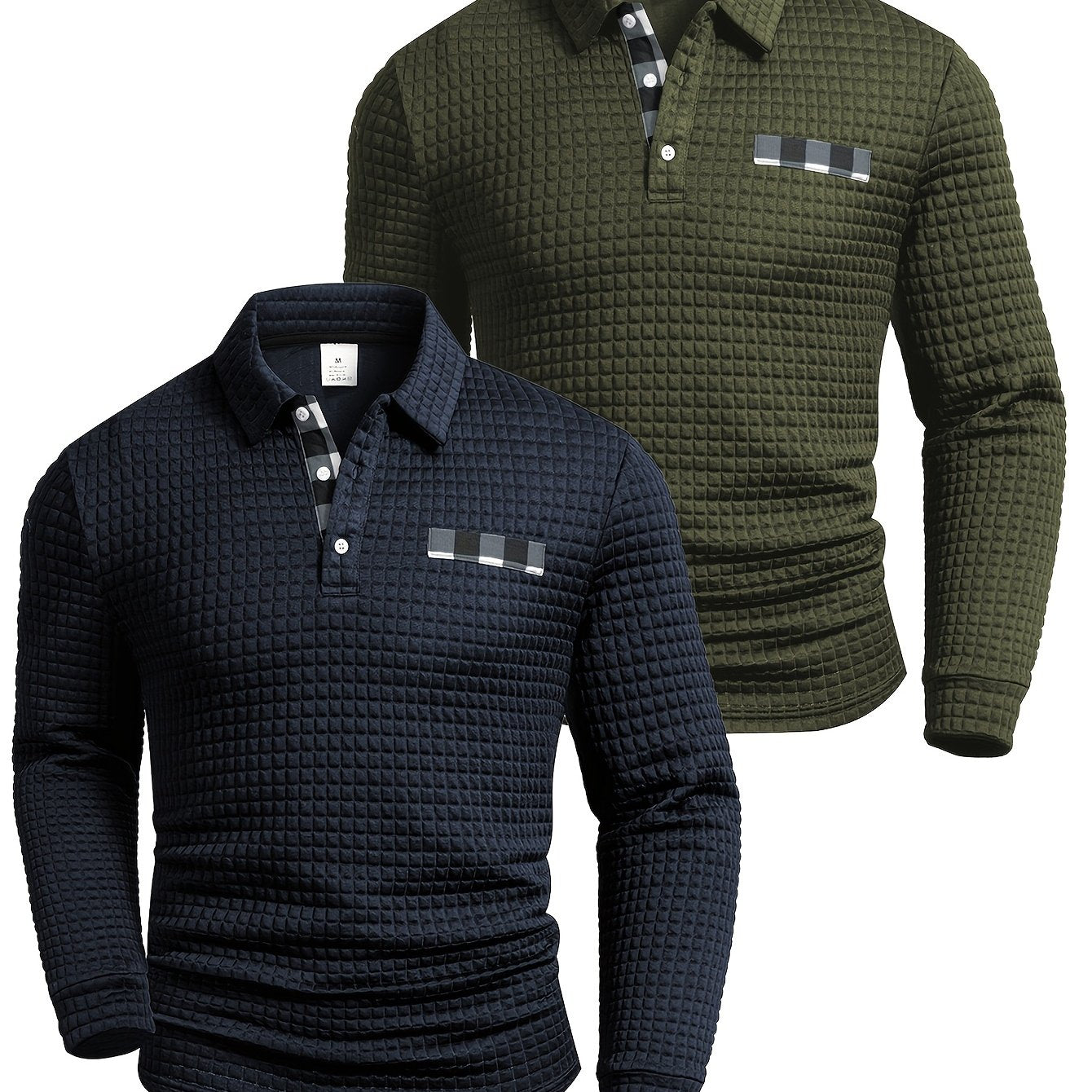 Men's long-sleeved polo shirt with a waffle texture and checked collar, navy blue and army green