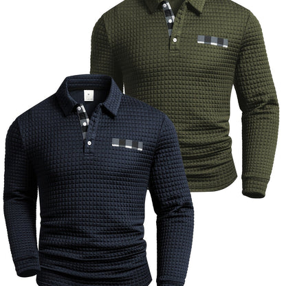 Men's long-sleeved polo shirt with a waffle texture and checked collar, navy blue and army green