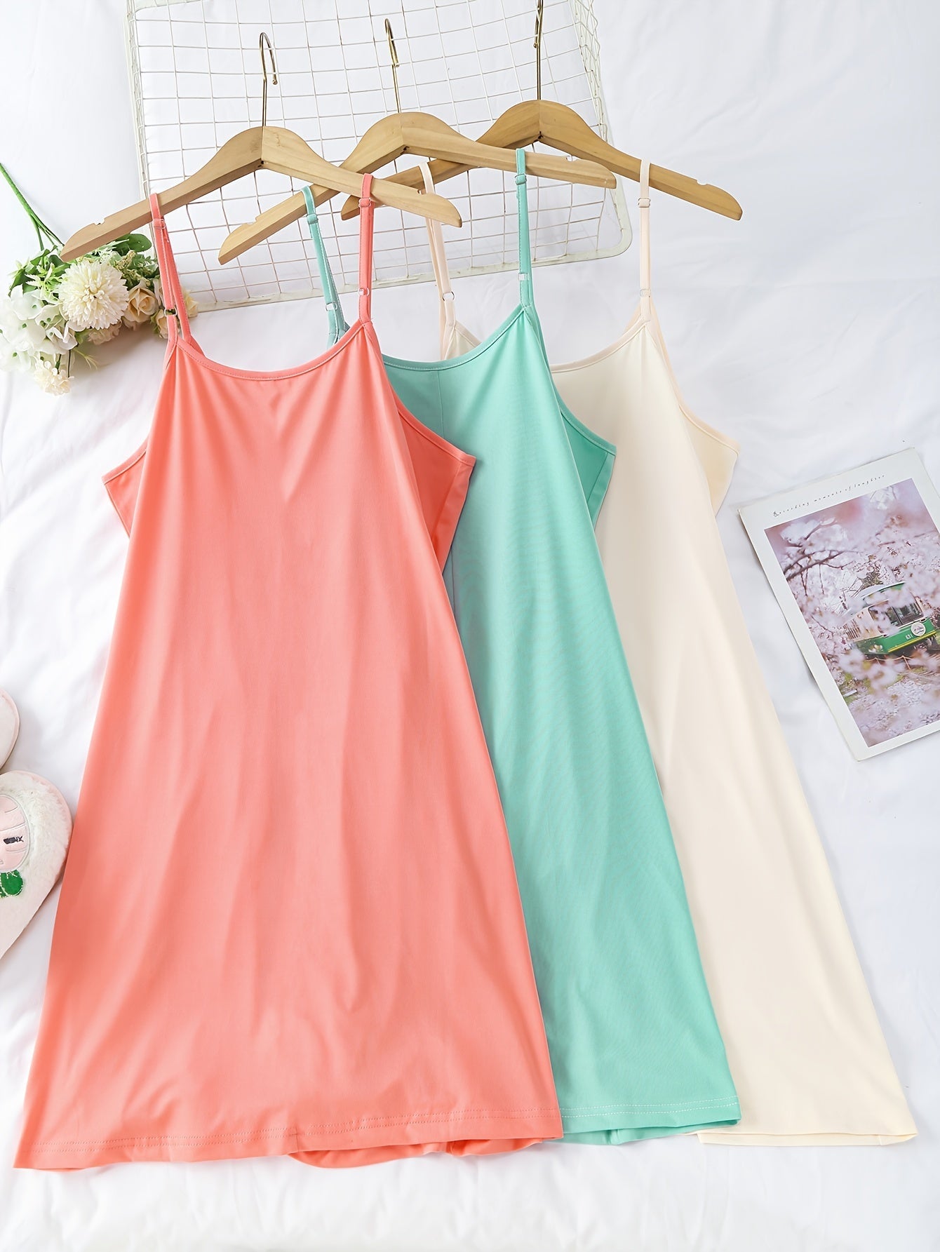 Women's Nightgown Set – Elegant Spaghetti Strap Slip Dress for Spring and Summer, 3-Pack