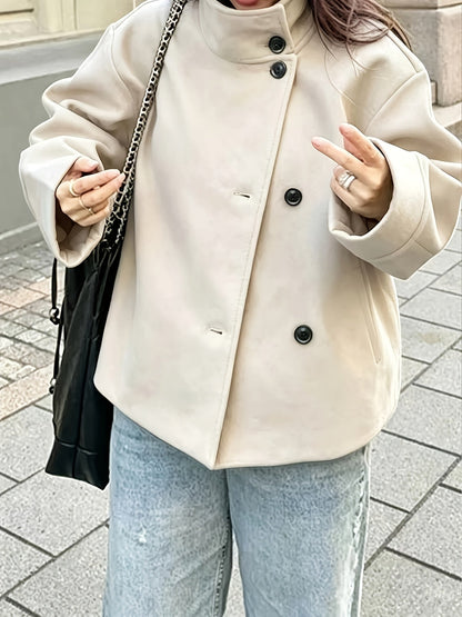 Women's short jacket with stand-up collar, button placket, relaxed fit