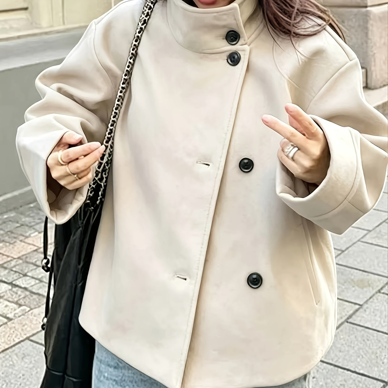 Women's short jacket with stand-up collar, button placket, relaxed fit