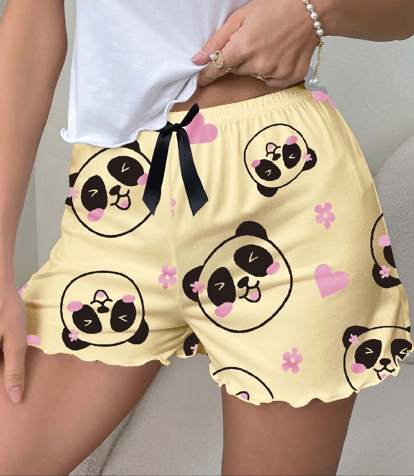 Women's pajama shorts with panda print and bow – cute sleepwear for spring & summer, casual style