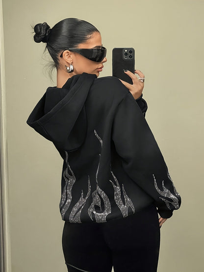 Women's hoodie with rhinestone flame pattern and hood, relaxed fit