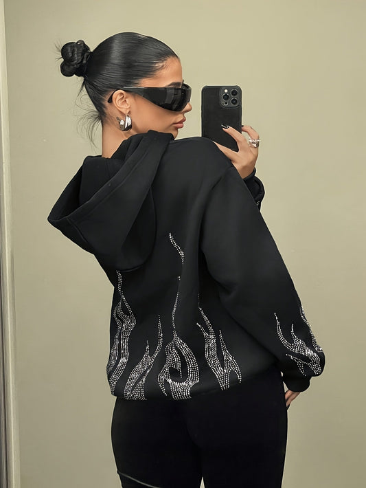 Women's hoodie with rhinestone flame pattern and hood, relaxed fit