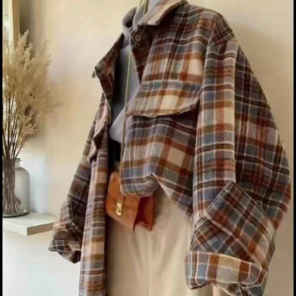 Plaid oversized shacket for women, transitional jacket, brown, blue, beige