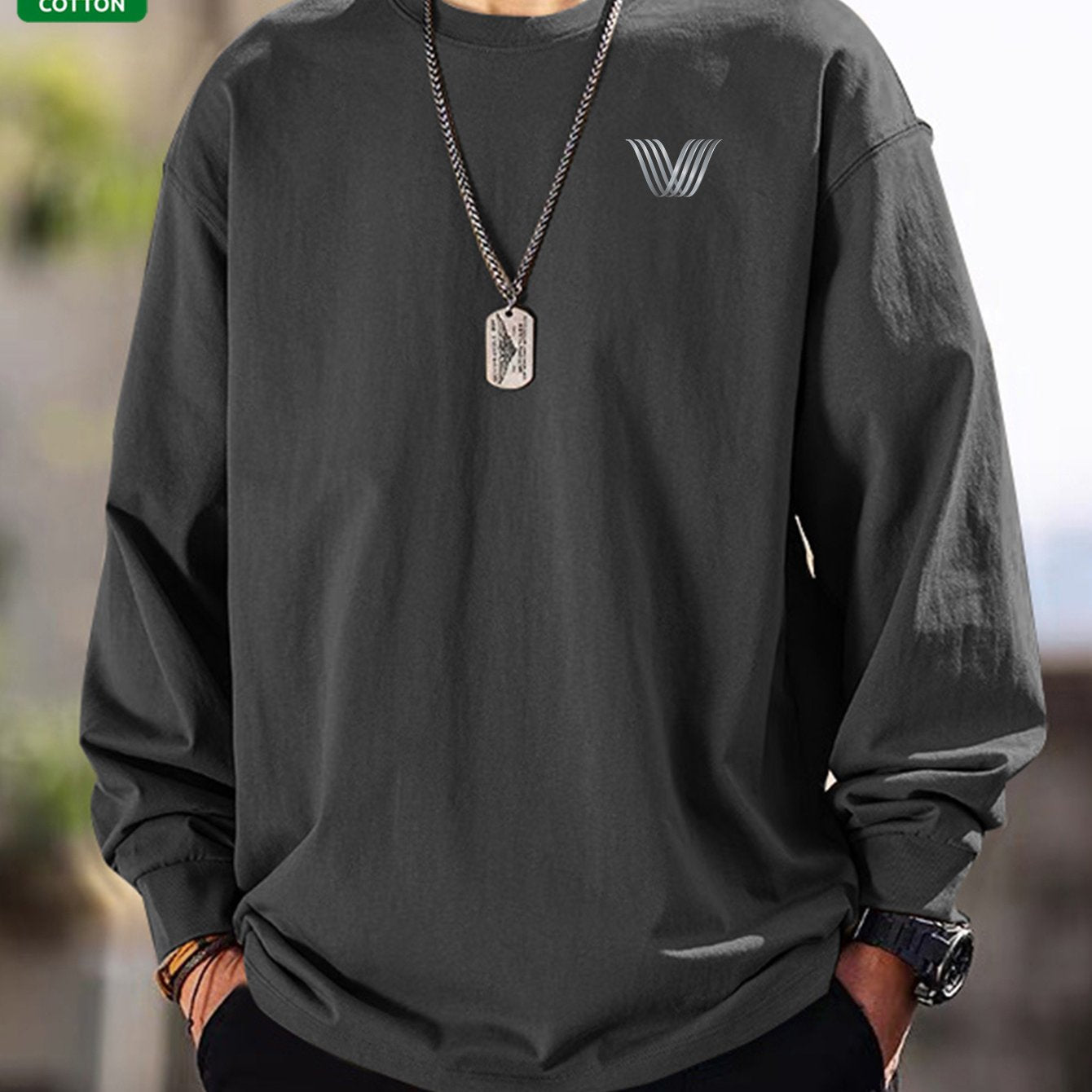 Men's long-sleeve crew-neck casual T-shirt, solid color with logo