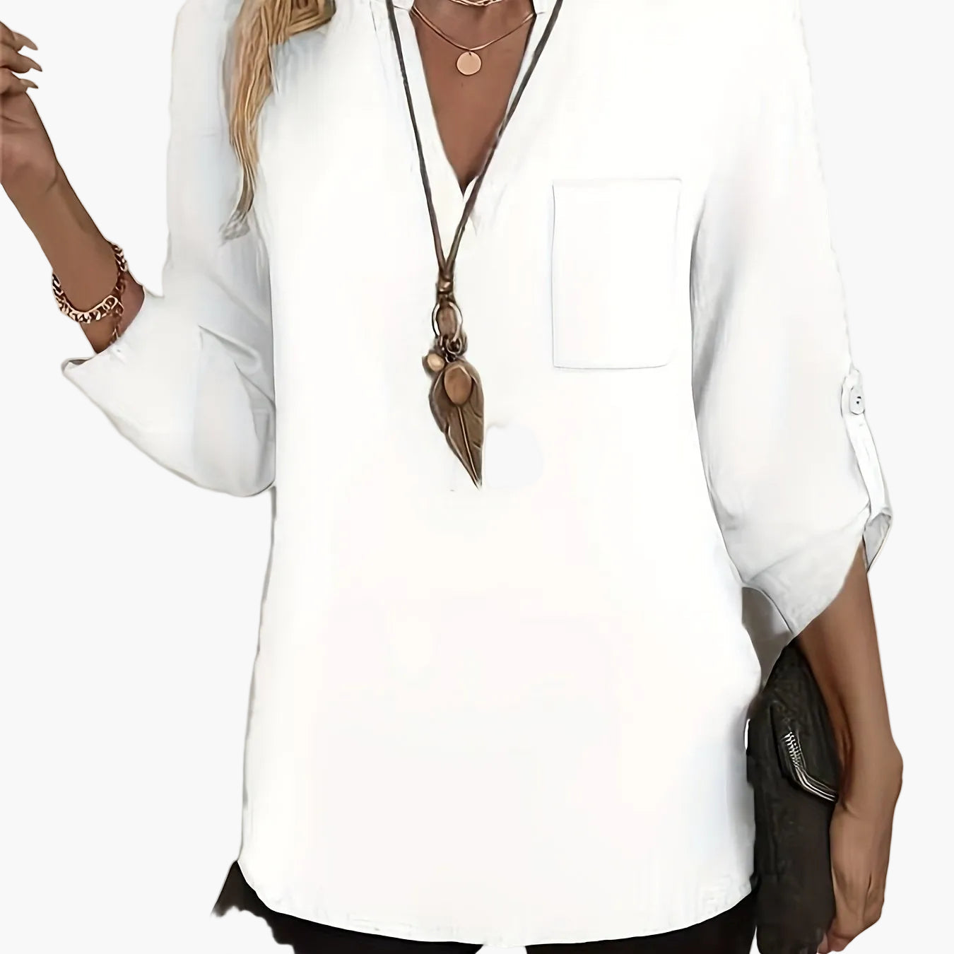Damen Tunika Bluse mit V-Ausschnitt und Knopfdetails – Eleganter Freizeit-Look für Büro & Alltag