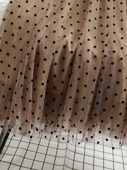 Women's Elegant Midi Skirt with Polka Dots and Flared Cut – Perfect for Spring and Summer