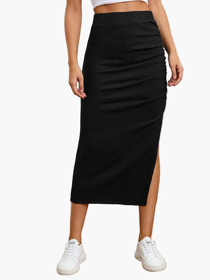 Women's Elegant Midi Skirt with Slit and Ruching – Perfect for Everyday and Leisure