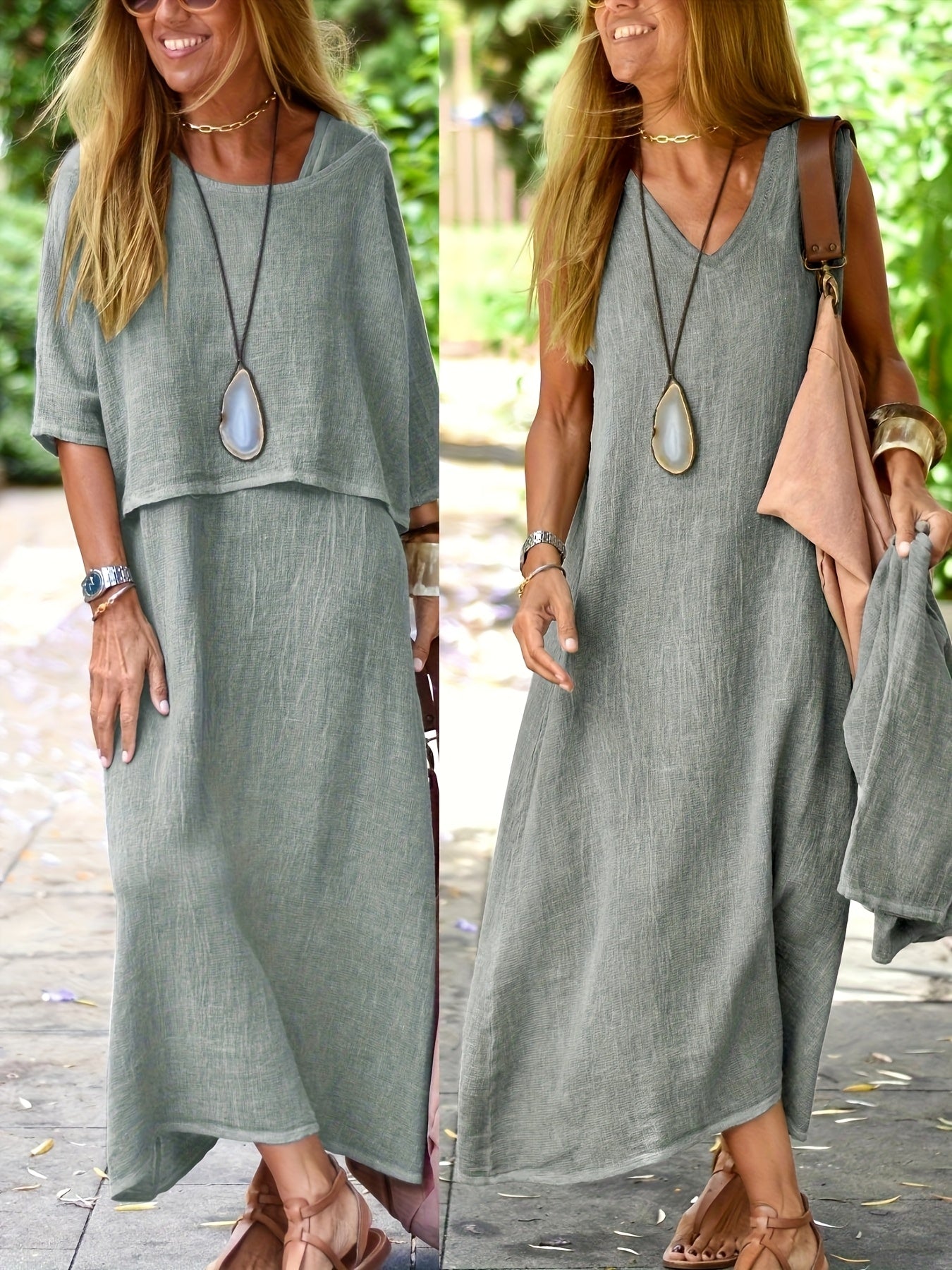 Damen Maxikleid Zweiteiler Set Boho Stil Lässig Sommerkleid für Alltag und Urlaub