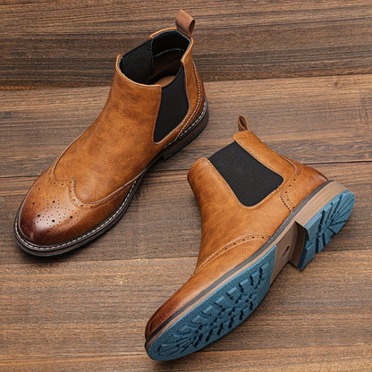 Brown Men's Chelsea Boots with Brogue Design and Elastic Inserts