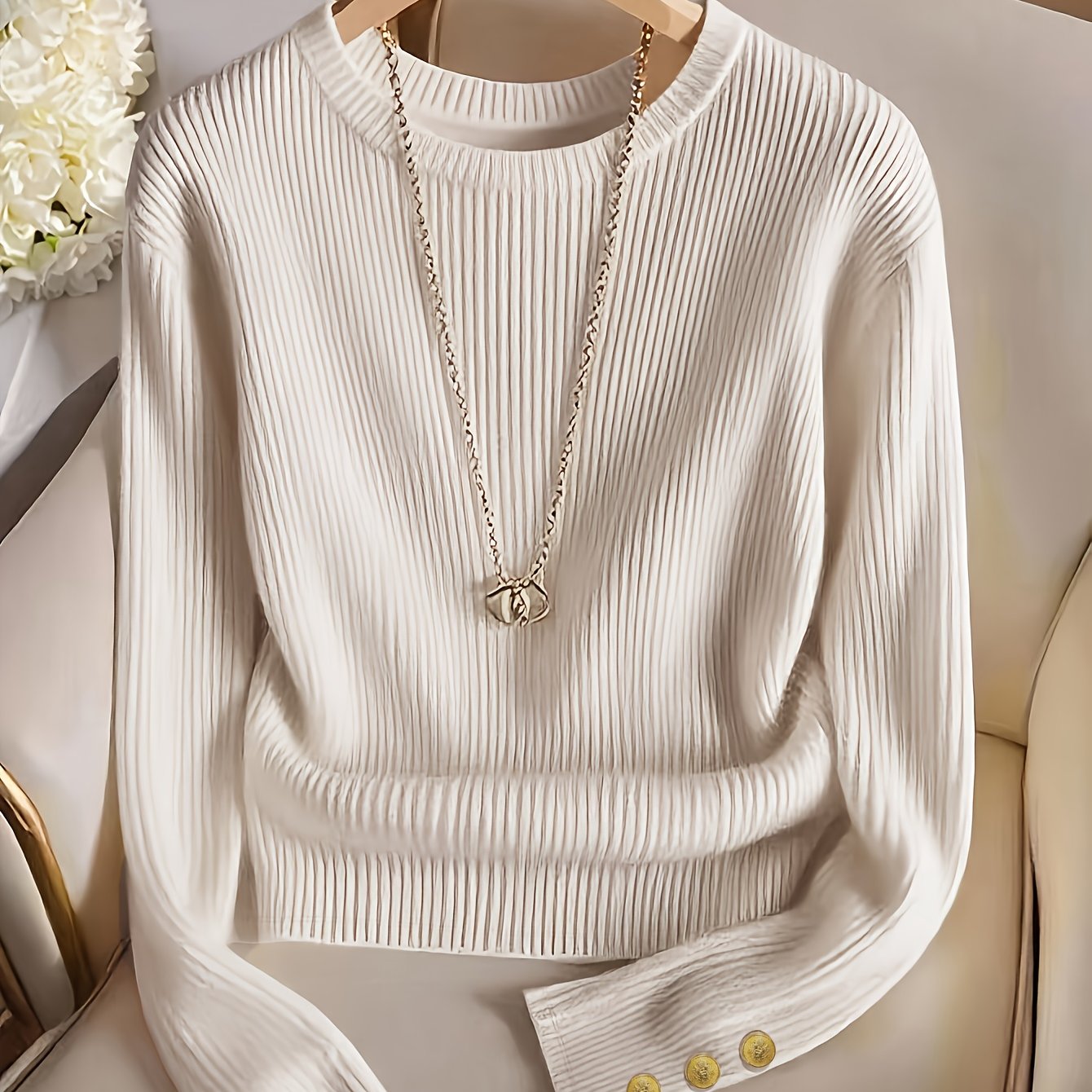 Women's rib-knit long-sleeve crew-neck sweater with buttons
