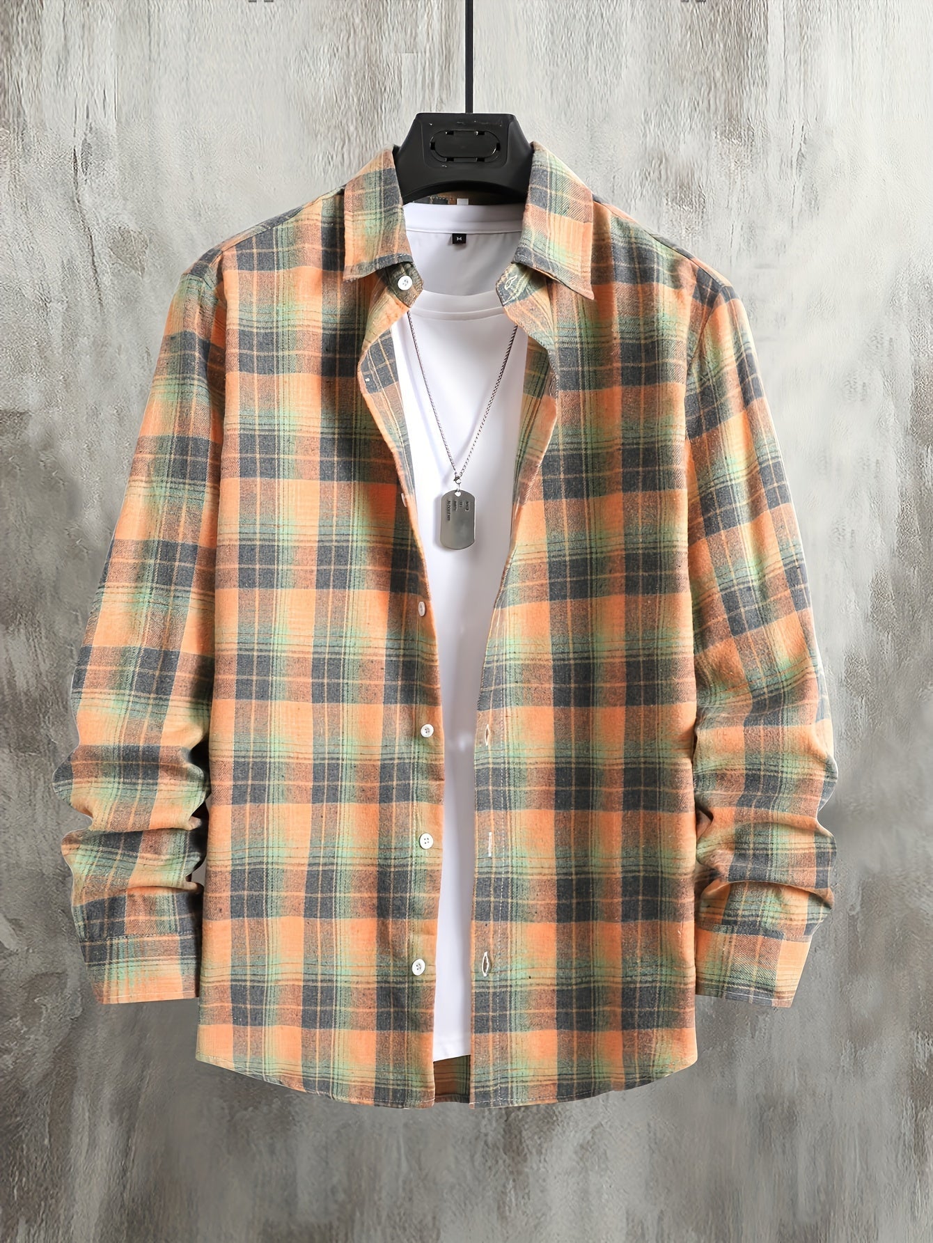 Men's orange and green plaid long-sleeve casual shirt with button placket