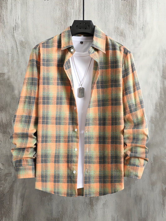 Men's orange and green plaid long-sleeve casual shirt with button placket