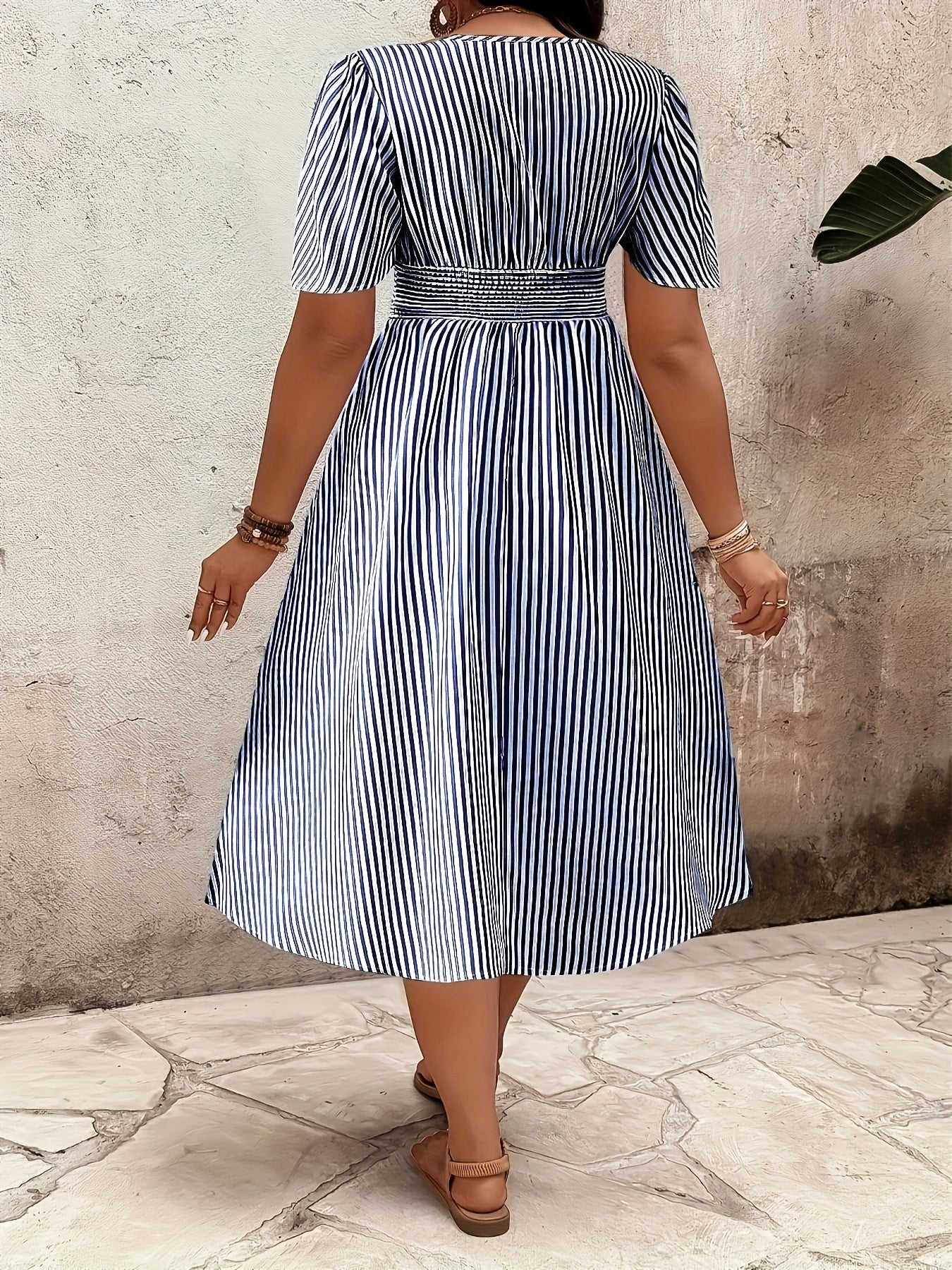 Women's Elegant Striped Midi Dress with V-Neck and Waist Accent for Festive Occasions