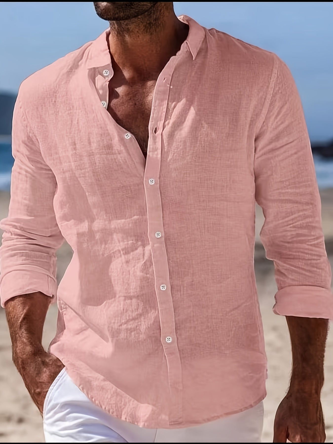 Men's Casual Shirt with Button Placket – Stylish Long-Sleeve Shirt for Beach and Everyday Wear