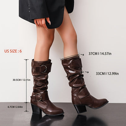 Damen Stiefel mit Schnallen Mid-Calf Blockabsatz Schwarz Braun