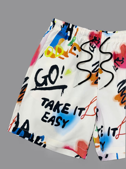 Men's Streetwear Shorts with Graffiti Print and Motivational Quote – Casual Summer Pants for Leisure and Beach