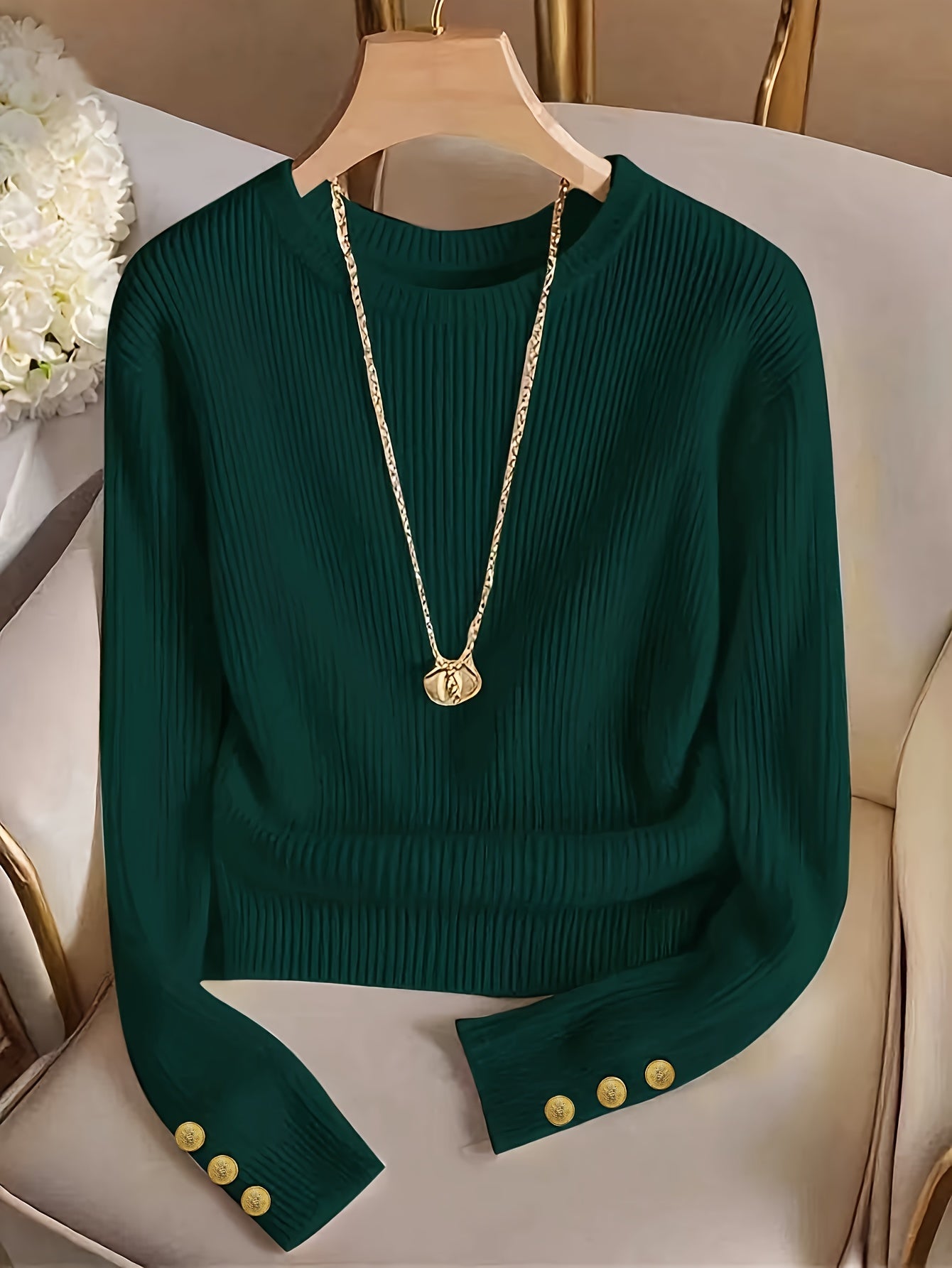 Women's rib-knit long-sleeve crew-neck sweater with buttons