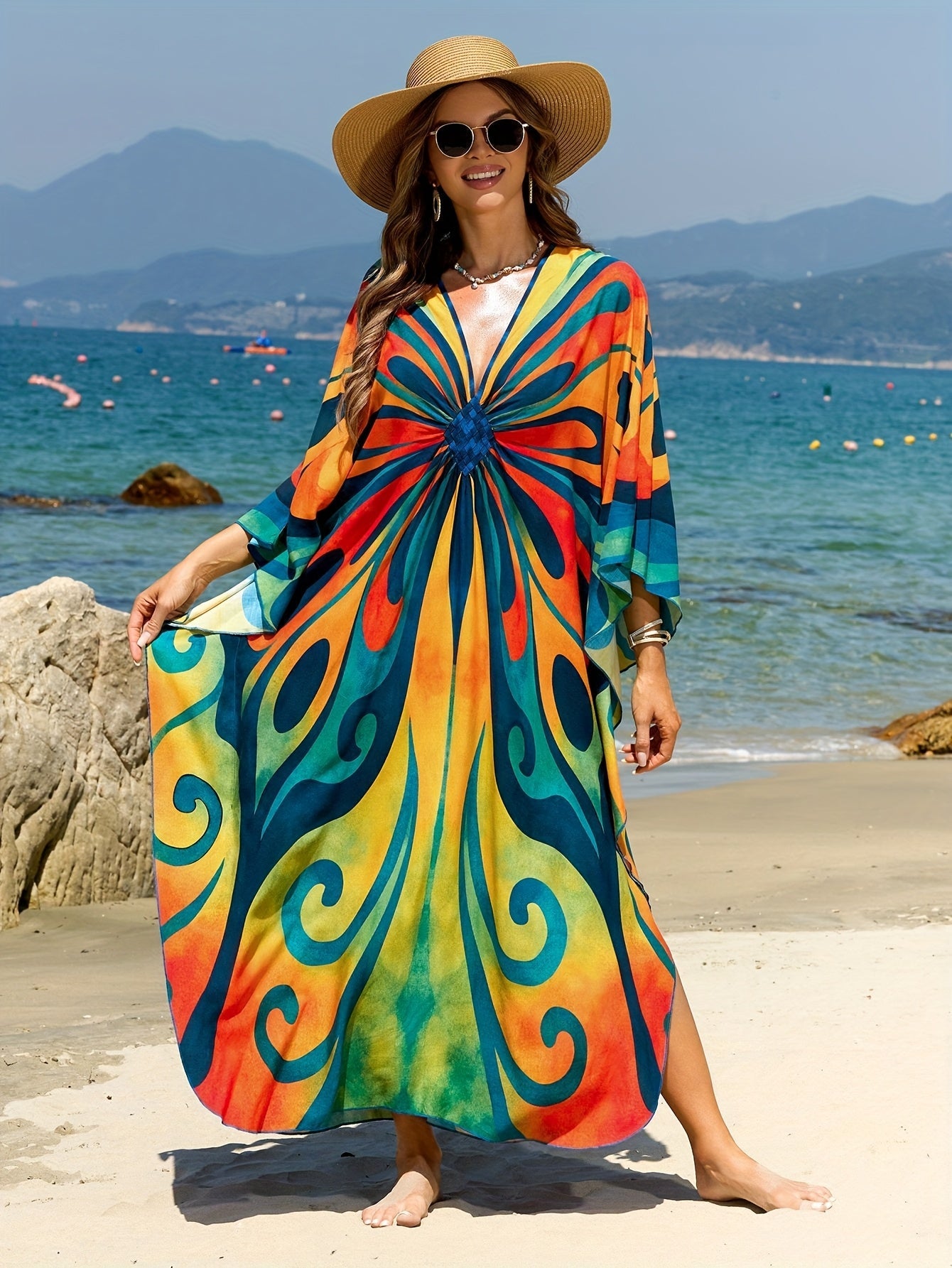 Women's Kaftan Maxi Dress – Boho Beach Tunic with Tie-Dye Pattern, Ideal as Summer Cover-Up