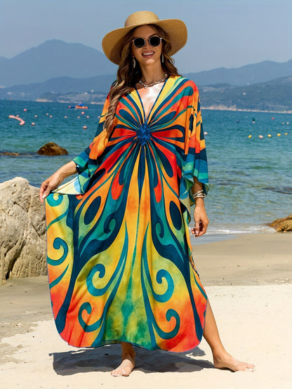 Women's Kaftan Maxi Dress – Boho Beach Tunic with Tie-Dye Pattern, Ideal as Summer Cover-Up