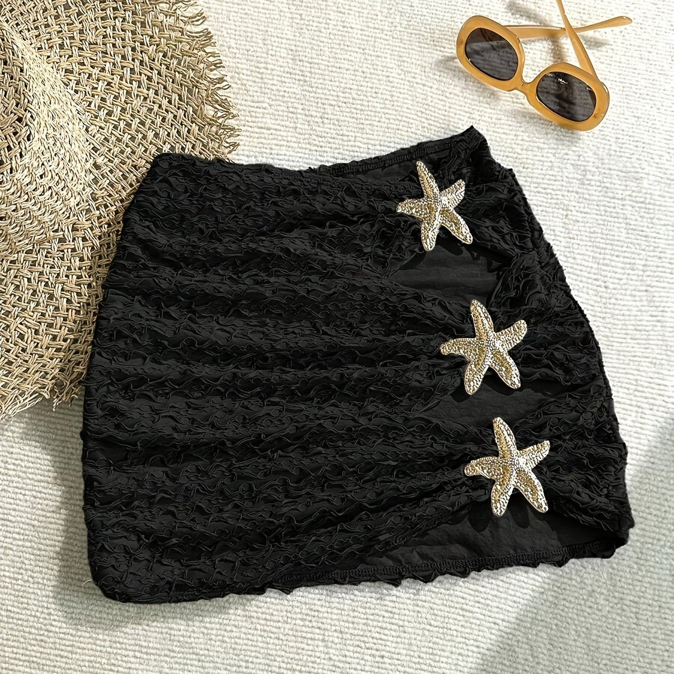 Women's Mini Beach Skirt with Starfish Decoration and Cut-Outs – Summer Beachwear Boho Style