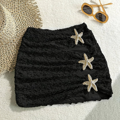 Women's Mini Beach Skirt with Starfish Decoration and Cut-Outs – Summer Beachwear Boho Style