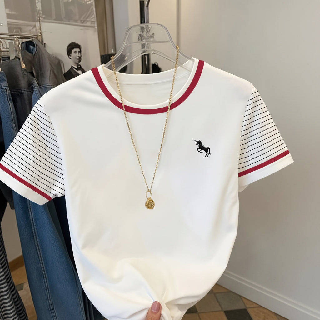 Women's T-shirt with Unicorn Logo and Striped Sleeves – Casual Wear with a Modern Style