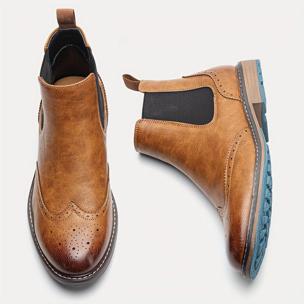 Brown Men's Chelsea Boots with Brogue Design and Elastic Inserts