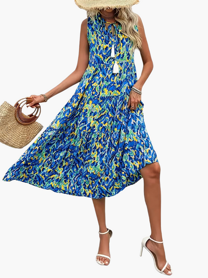 Women's Summer Dress Elegant Sleeveless with Allover Print and Tassels for Leisure and Vacation