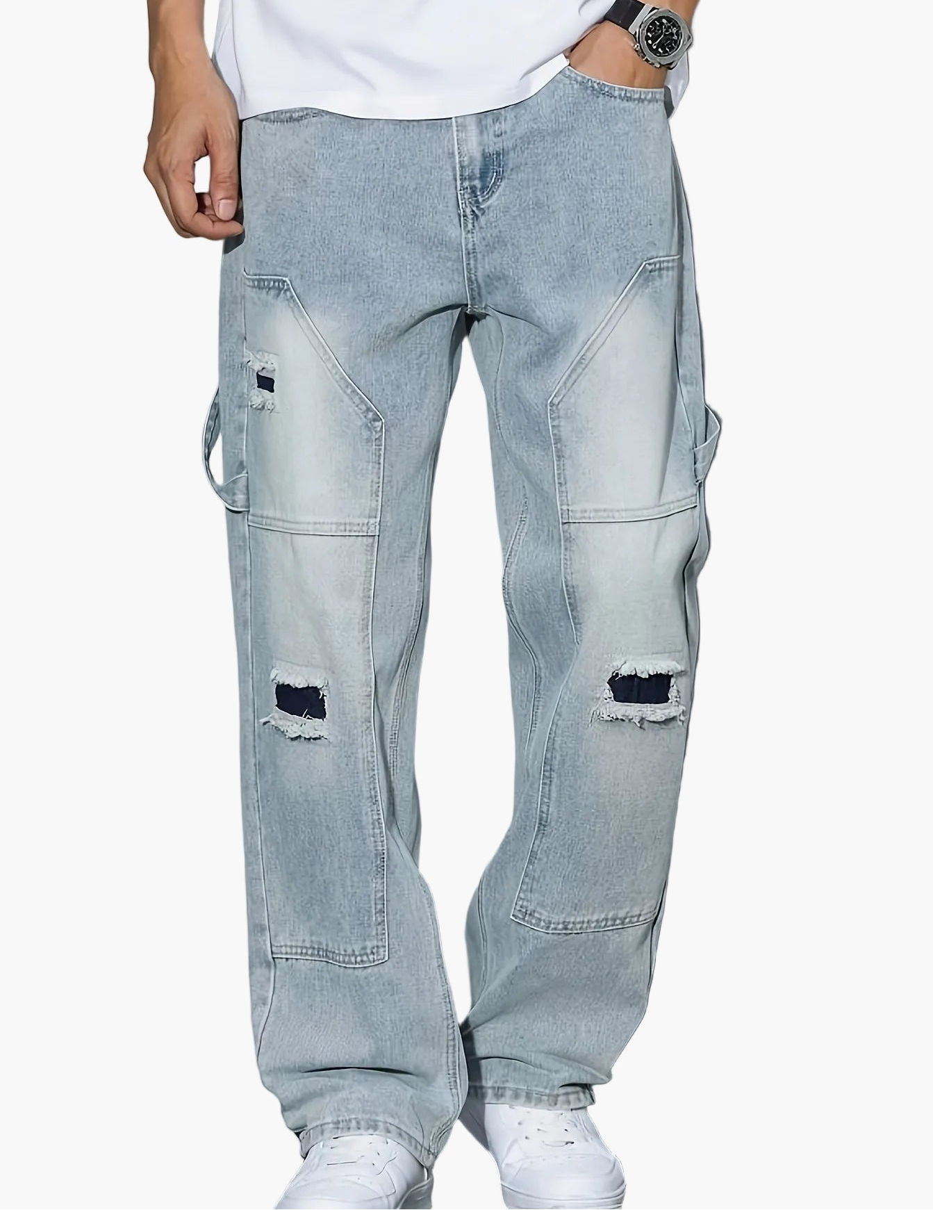 Men's Cargo Jeans in Loose Fit Style with Distressed Design – Trendy Casual Pants